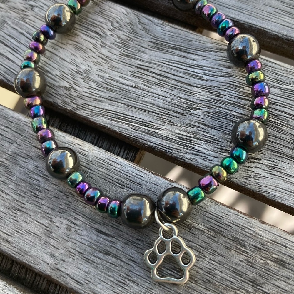 Paw charm hematite beaded bracelet